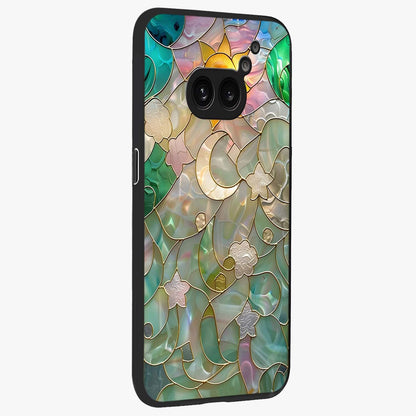 Stained Sunrise Glow Glass Case upright view showcasing colorful sunrise artwork with warm morning theme.