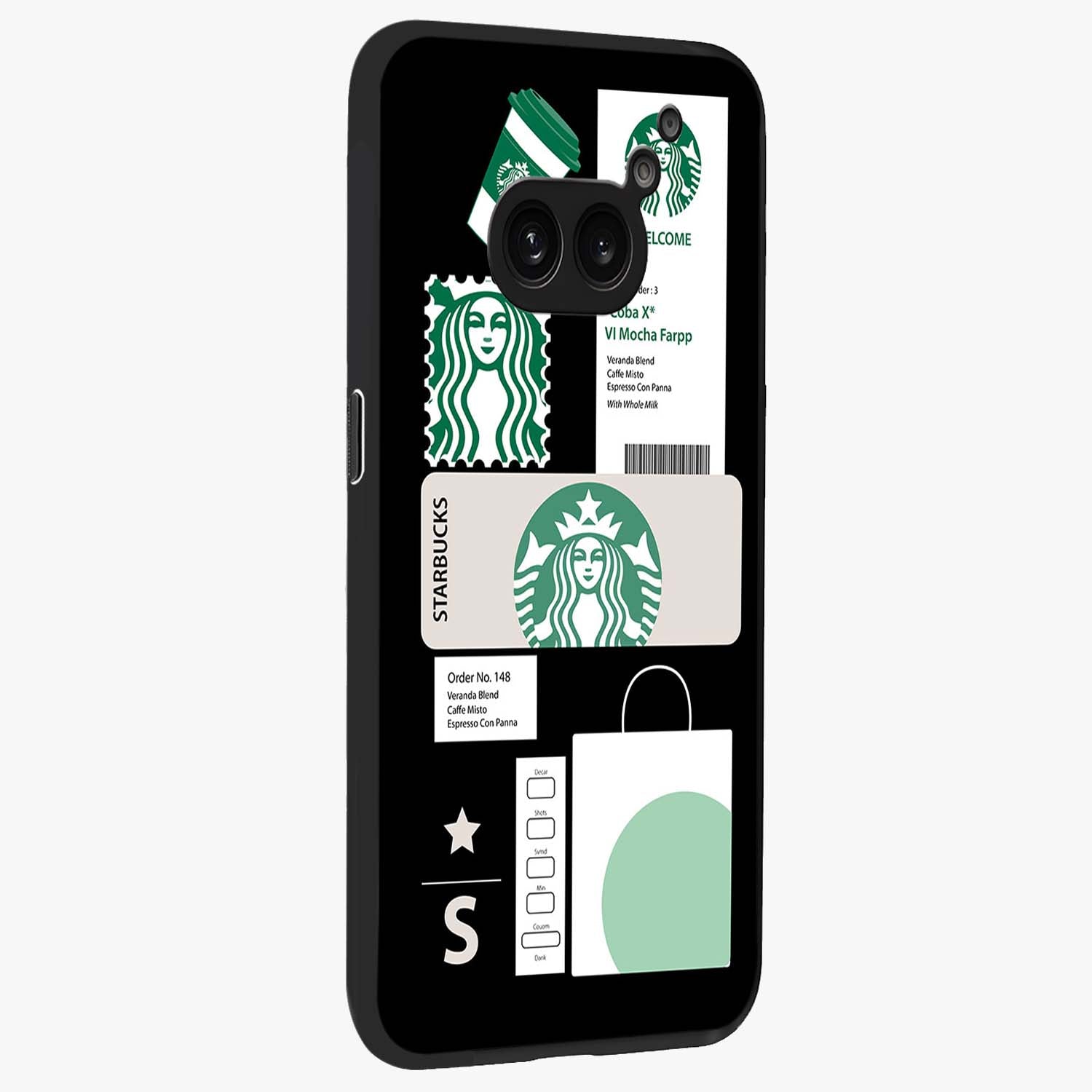Starbucks Mocha Glass Case upright view showcasing trendy coffee inspired artwork with modern lifestyle theme.