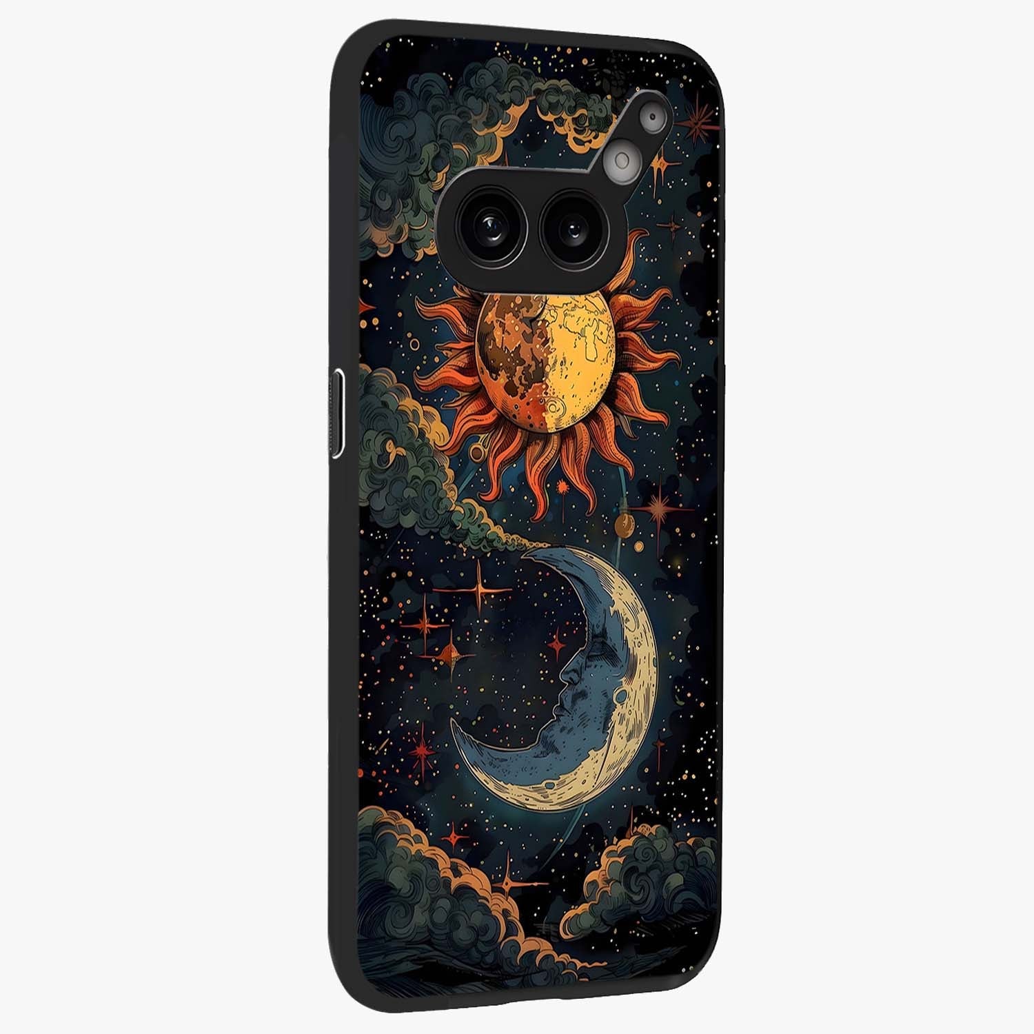 Sun And Moon Magic Design Glass Case upright view showcasing decorative sun and moon artwork with spiritual celestial theme.