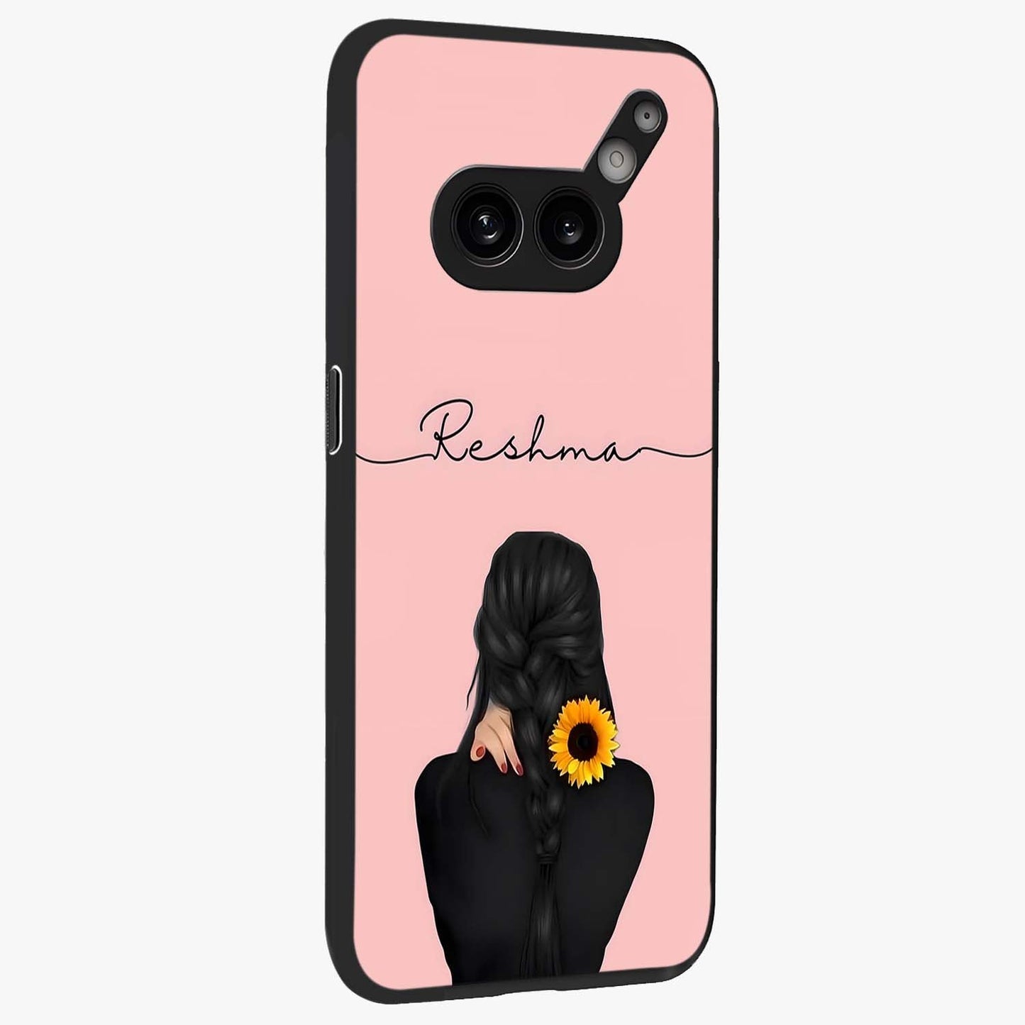 Sunflower Braid Beauty With Custom Name Glass Case upright view showcasing bright sunflower artwork with personalized floral aesthetic.