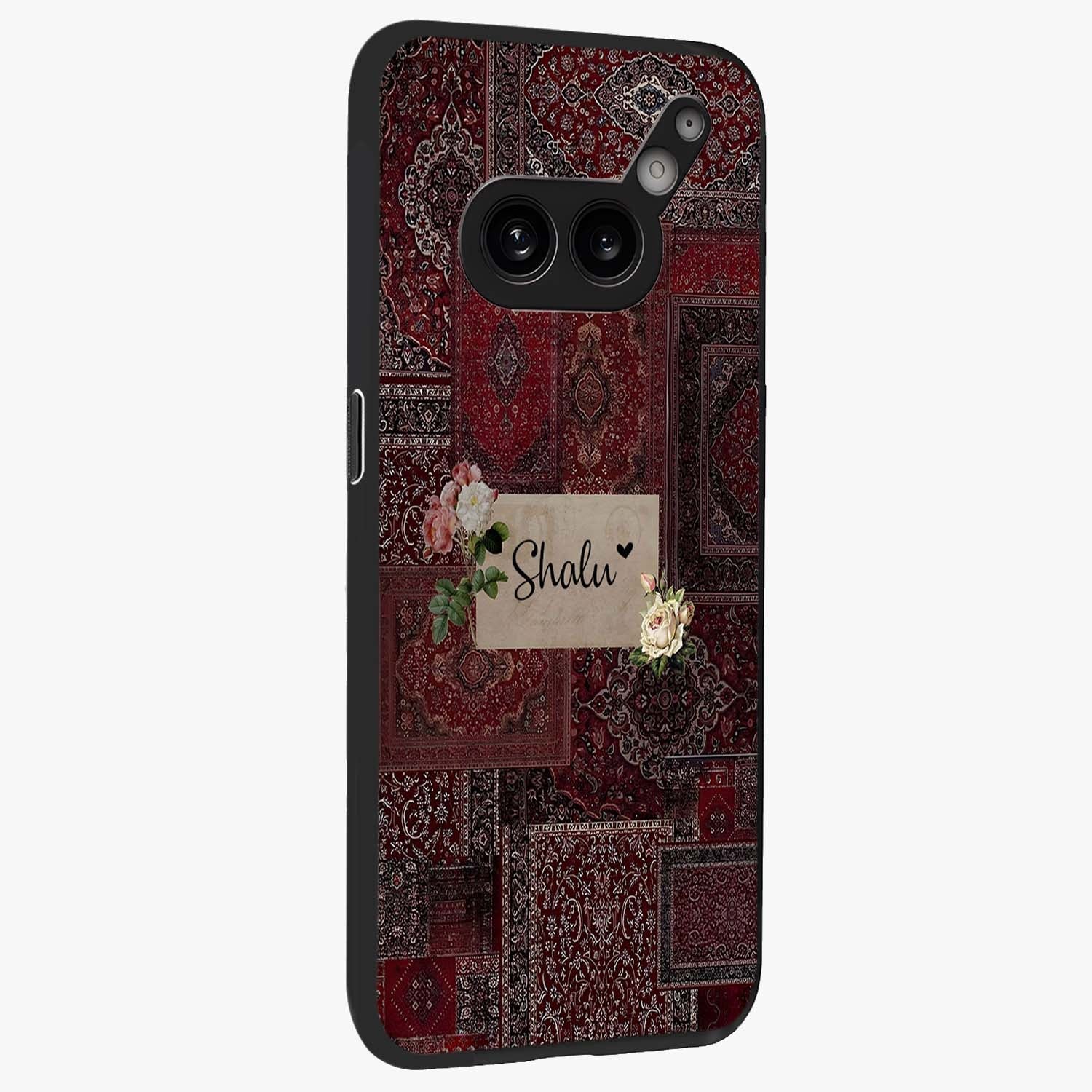 Velvet Wine Pattern Custom Name Glass Case upright view showcasing luxurious wine toned artwork with personalized aesthetic.