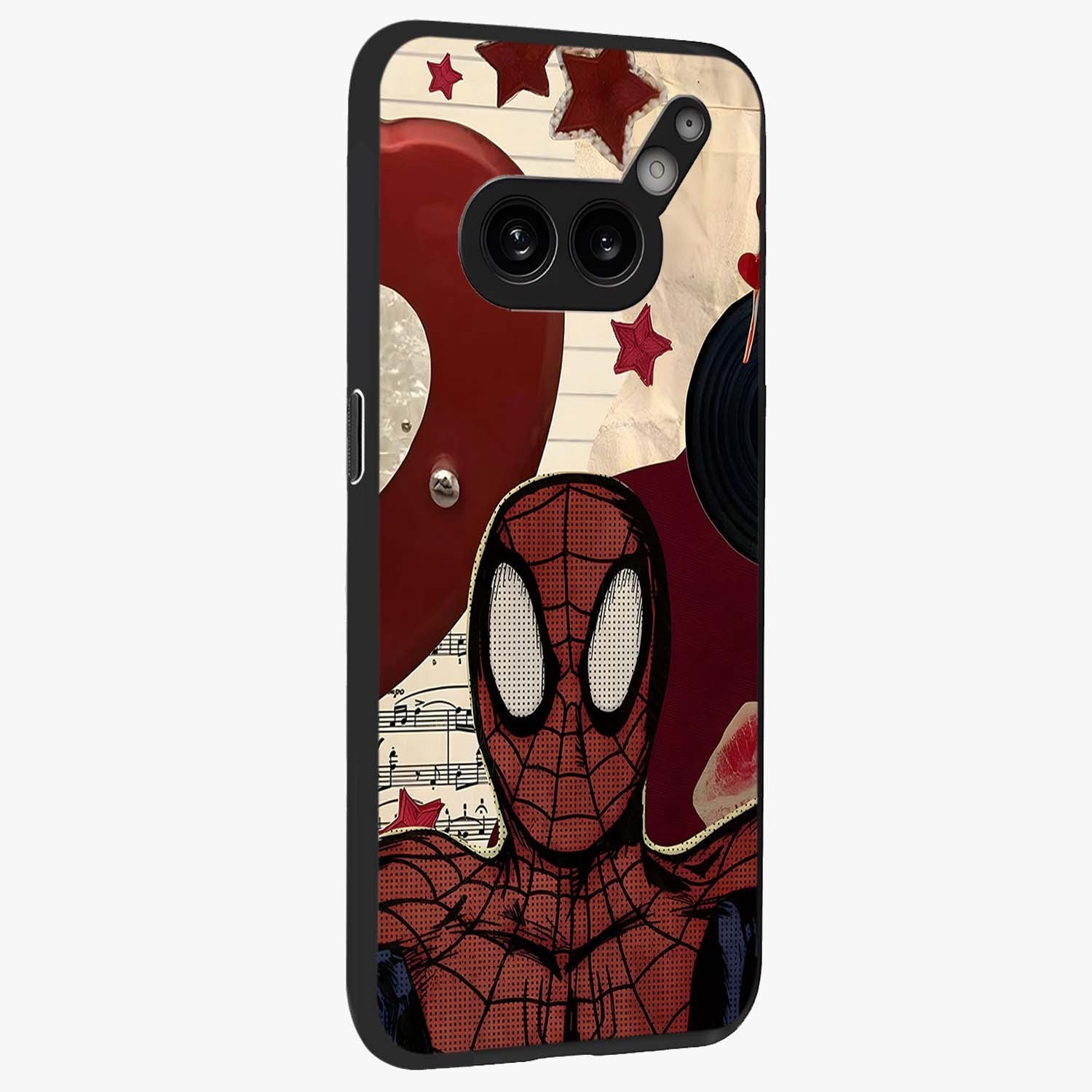 Web Warrior Vibes Glass Case upright view showcasing energetic superhero artwork with bold action theme.