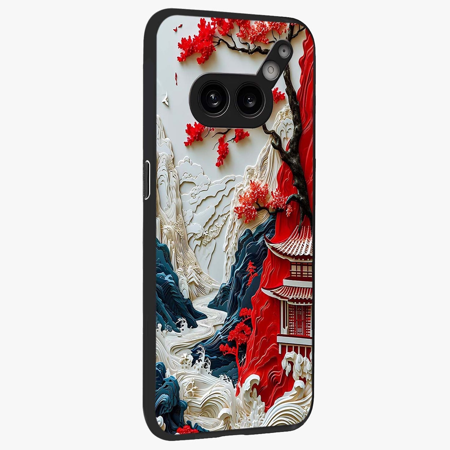 Whispers Of Sakura Waves Glass Case upright view showcasing delicate cherry blossom artwork with elegant nature theme.