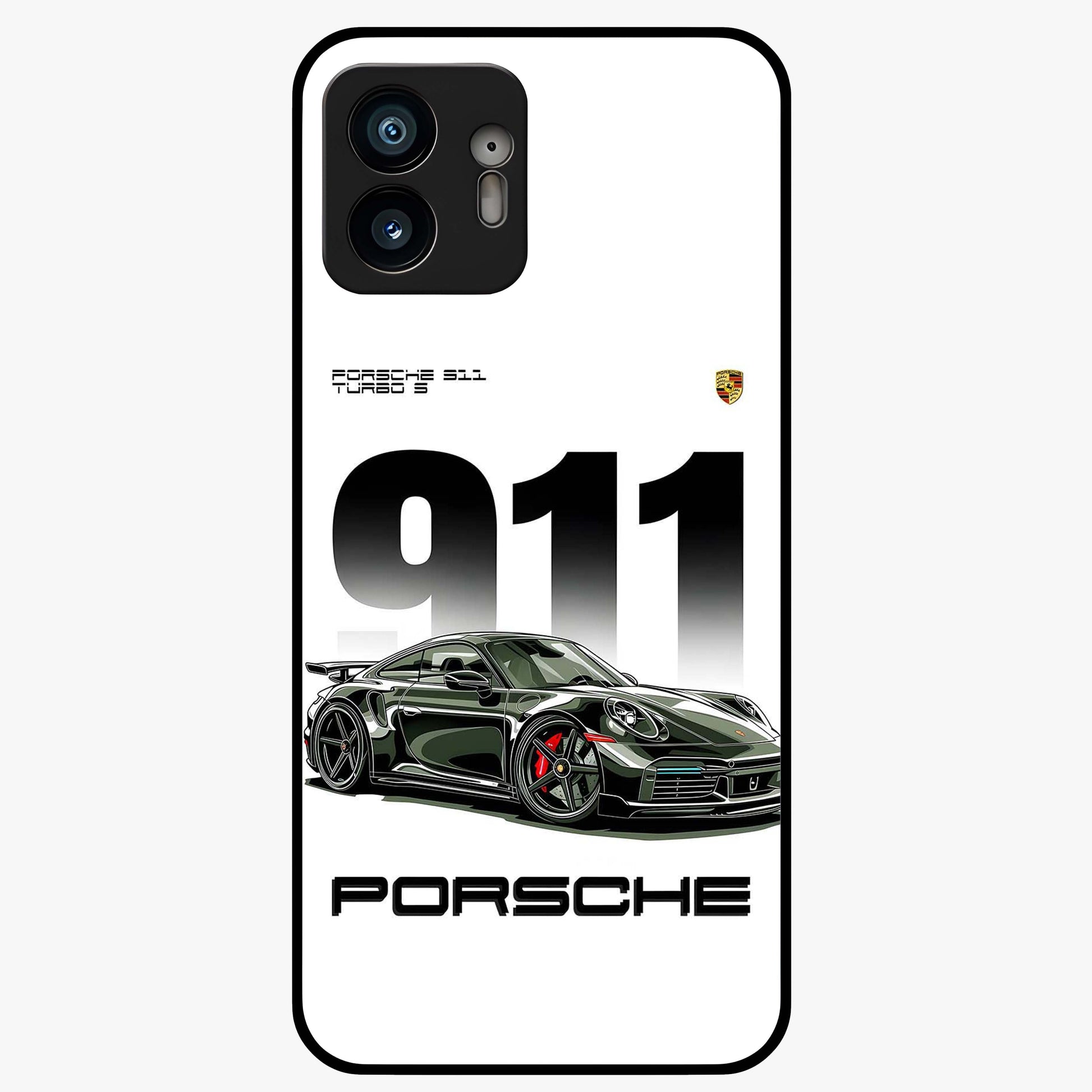 911 Turbo Dominance Glass Case showing clean flat back view with bold 911 sports car artwork and glossy glass finish.
