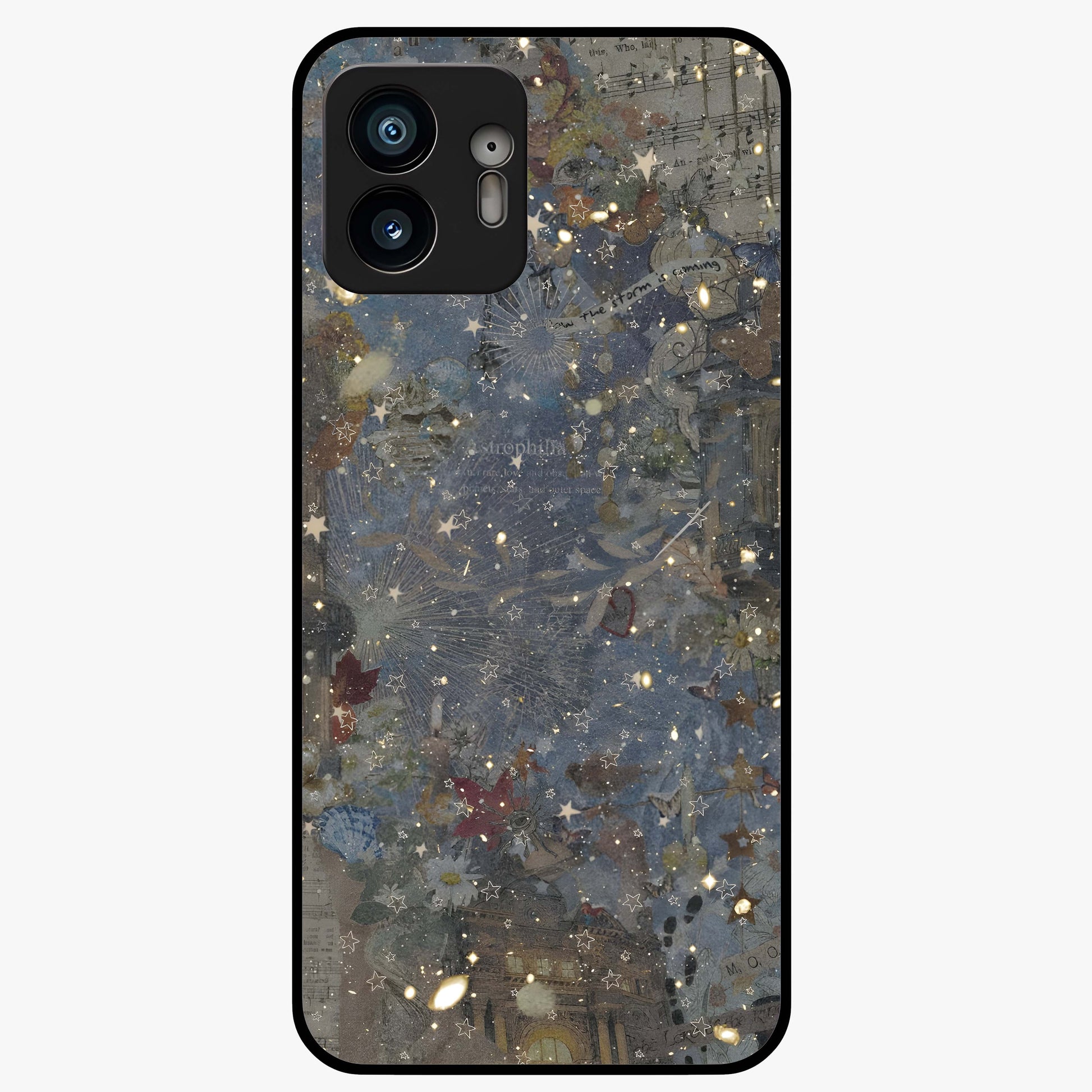 Aesthetic Astrolophia Glass Case showing flat back view with dreamy aesthetic design and glossy glass finish.