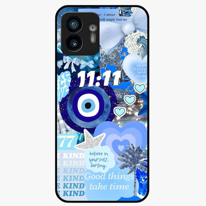 Aesthetic Be Kind Eye Glass Case showing flat back view with motivational eye artwork and glossy glass finish.