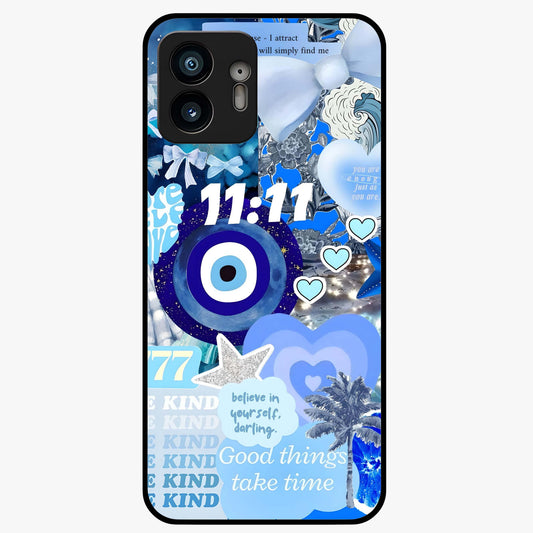 Aesthetic Be Kind Eye Glass Case showing flat back view with motivational eye artwork and glossy glass finish.