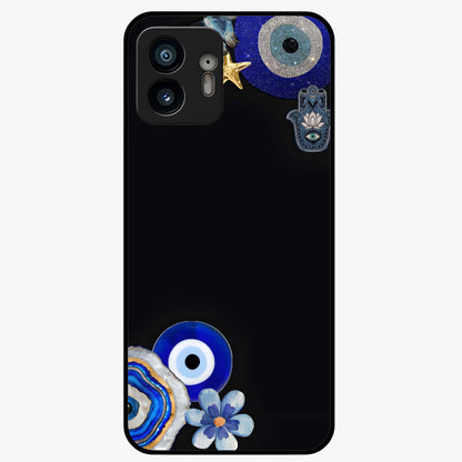 Aesthetic Blue Evil Eye Glass Case showing flat back view with protective evil eye artwork and glossy glass finish.