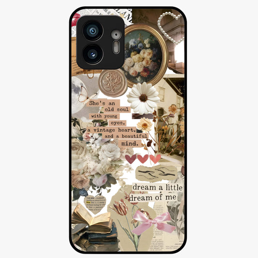 Aesthetic Brown Vintage Collage Glass Case showing flat back view with retro collage artwork and glossy glass finish.