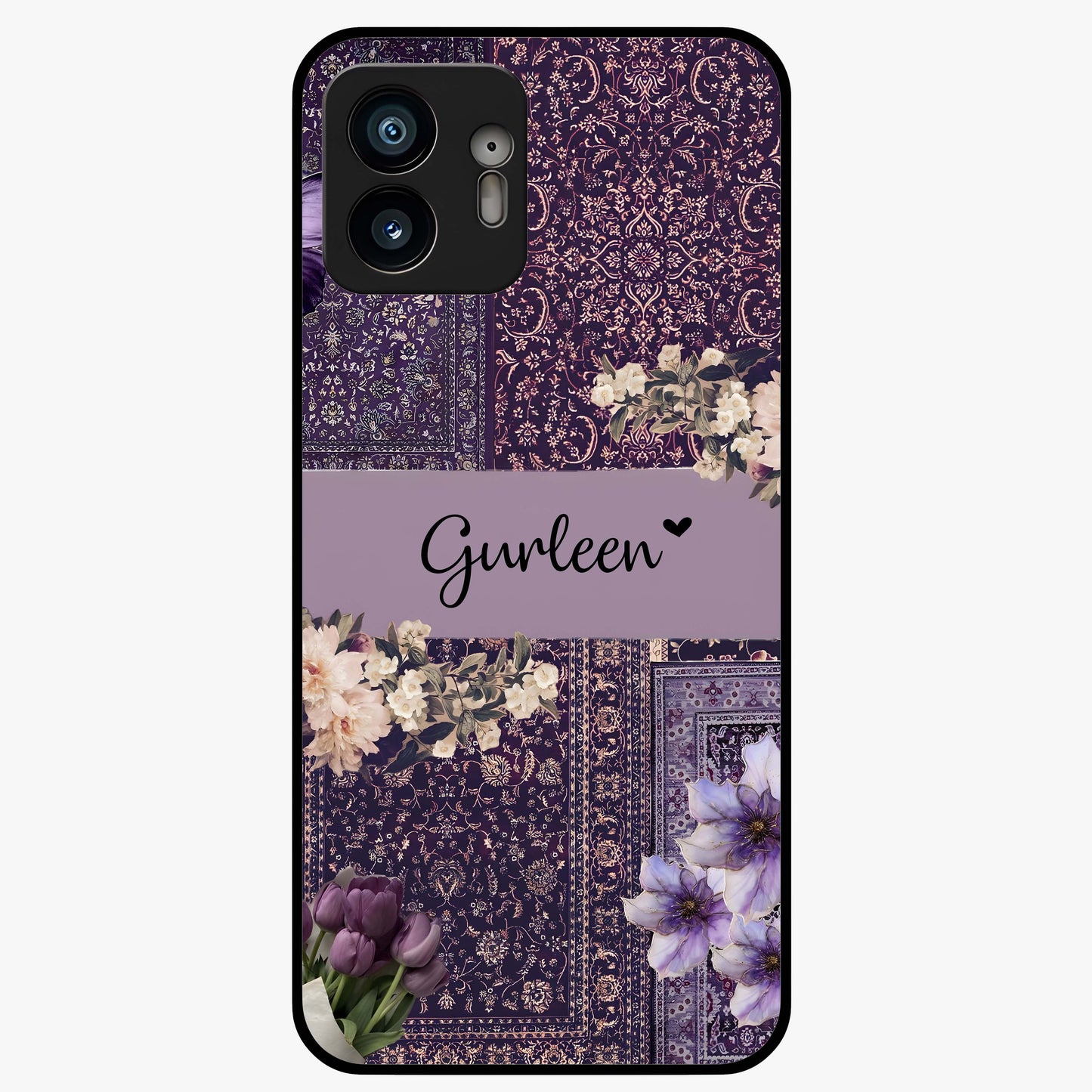 Antique Floral Whisper Custom Name Glass Case showing flat back view with vintage floral artwork and personalized name design.