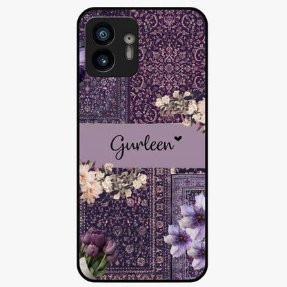 Antique Floral Whisper Custom Name Glass Case showing flat back view with vintage floral artwork and personalized name design.