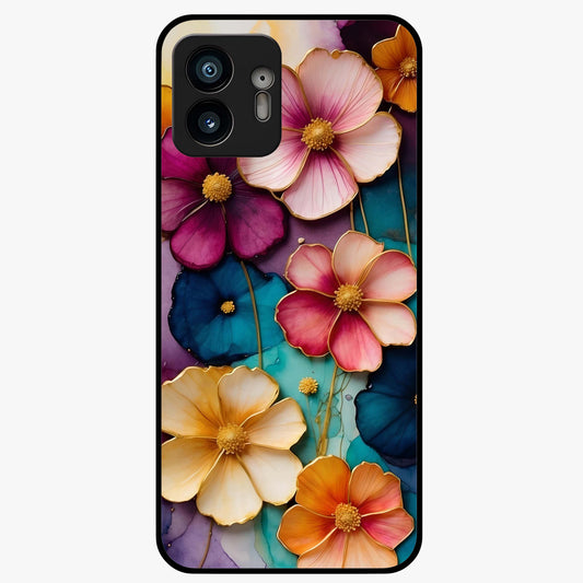 Artlyn Grace Flower Pattern Glass Case showing flat back view with elegant floral pattern artwork and glossy glass finish.