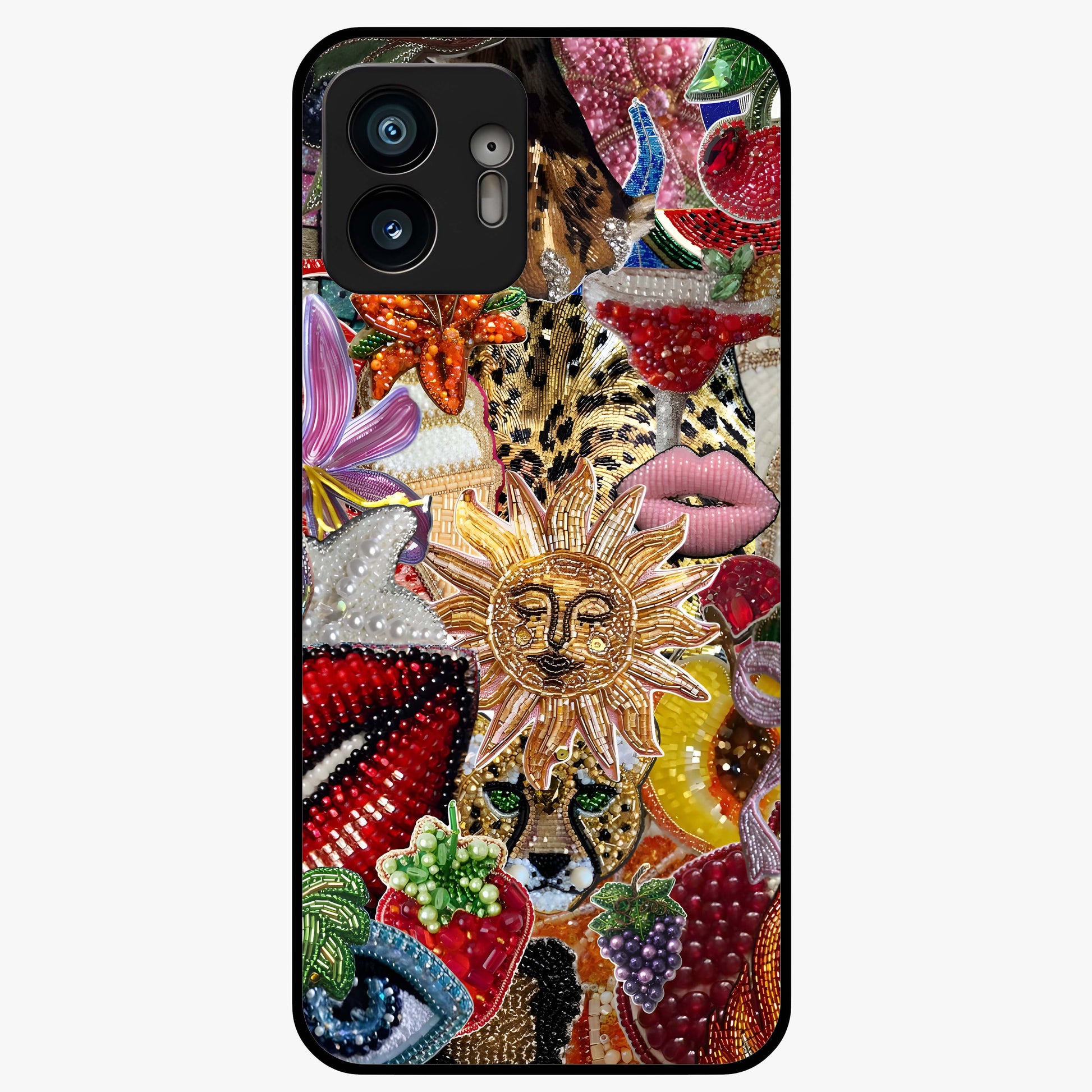 Beaded Fashion Jungle Glass Case showing flat back view with vibrant jungle inspired bead artwork and glossy glass finish.