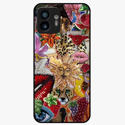 Beaded Fashion Jungle Glass Case showing flat back view with vibrant jungle inspired bead artwork and glossy glass finish.