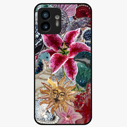 Beaded Garden Fantasy Glass Case showing flat back view with dreamy garden bead artwork and glossy glass finish.