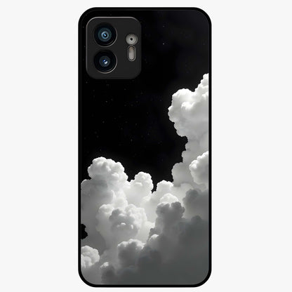 Black Background With White Cloud Glass Case showing flat back view with minimal cloud artwork on dark background and glossy glass finish.