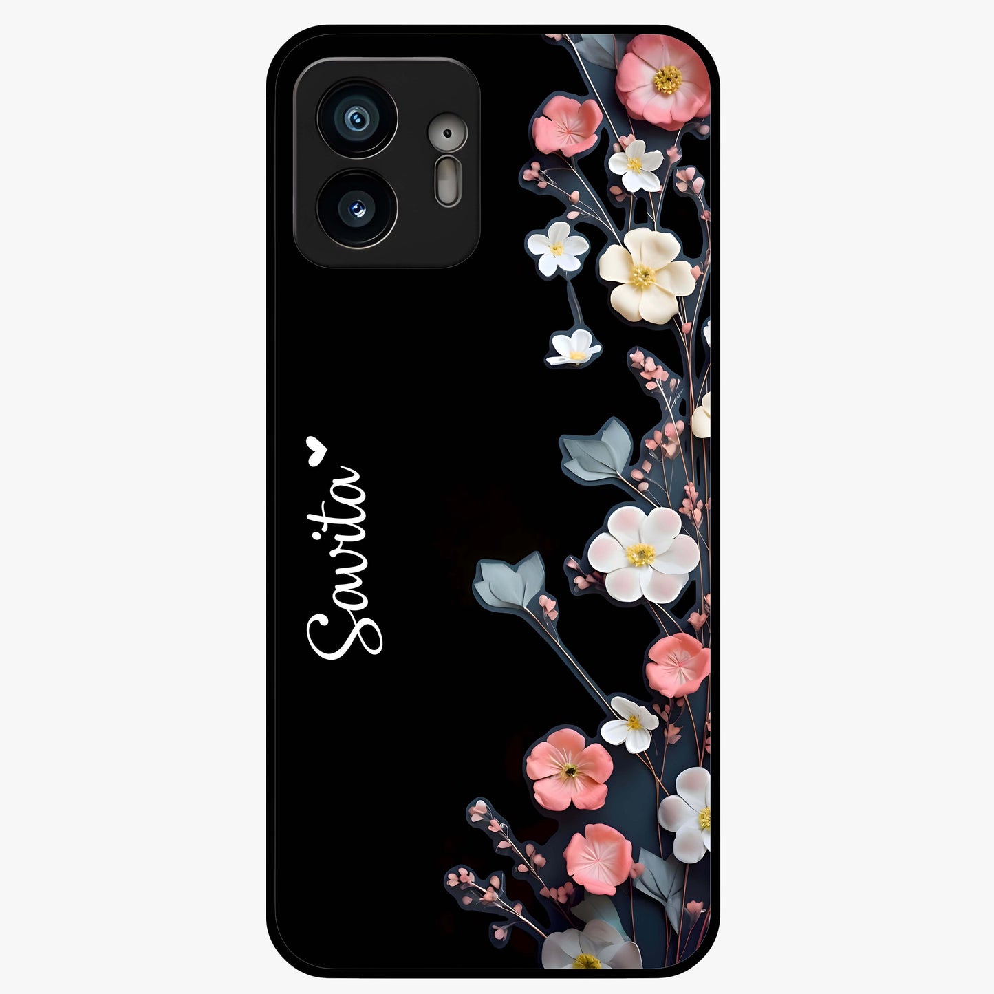 Black Elegance Floral Custom Name Glass Case showing flat back view with elegant floral artwork and personalized name design.
