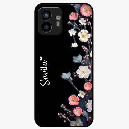Black Elegance Floral Custom Name Glass Case showing flat back view with elegant floral artwork and personalized name design.