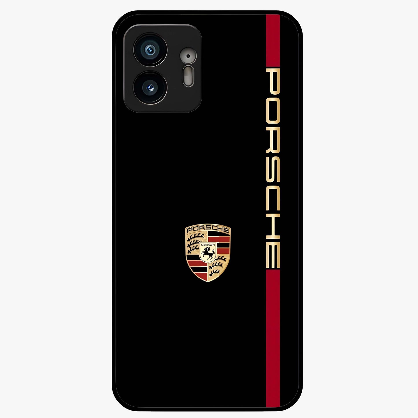 Black Minimal Porsche Glass Case showing flat back view with sleek minimal sports car artwork and glossy glass finish.