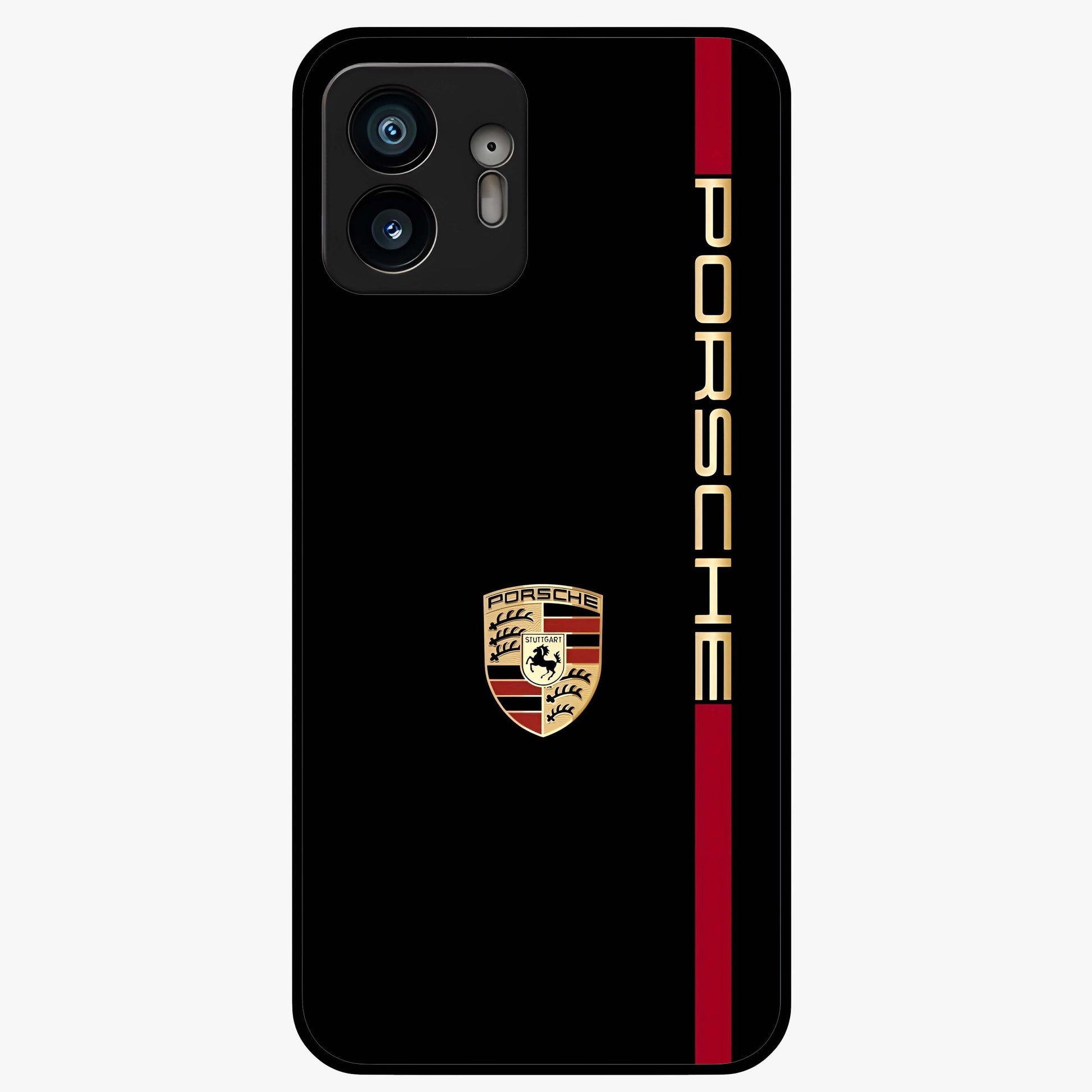 Black Minimal Porsche Glass Case showing flat back view with sleek minimal sports car artwork and glossy glass finish.
