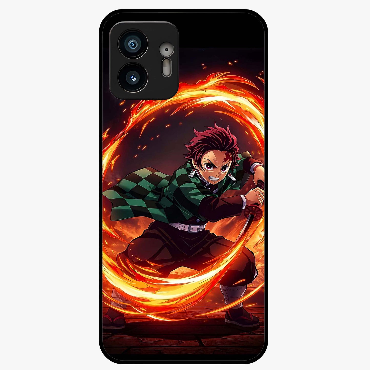 Blazing Sword Resolve Glass Case showing flat back view with fiery sword artwork and glossy glass finish.