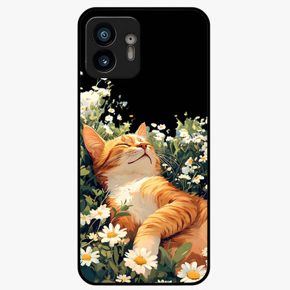 Blissful Bloom Cat Glass Case showing flat back view with cute cat and floral bloom artwork and glossy glass finish.