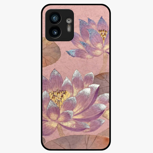 Blossom Mist Lotus Glass Case showing flat back view with serene lotus blossom artwork and glossy glass finish.
