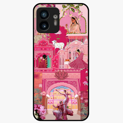 Blossoms of Rajasthan Glass Case showing flat back view with traditional floral artwork inspired by Rajasthan and glossy glass finish.