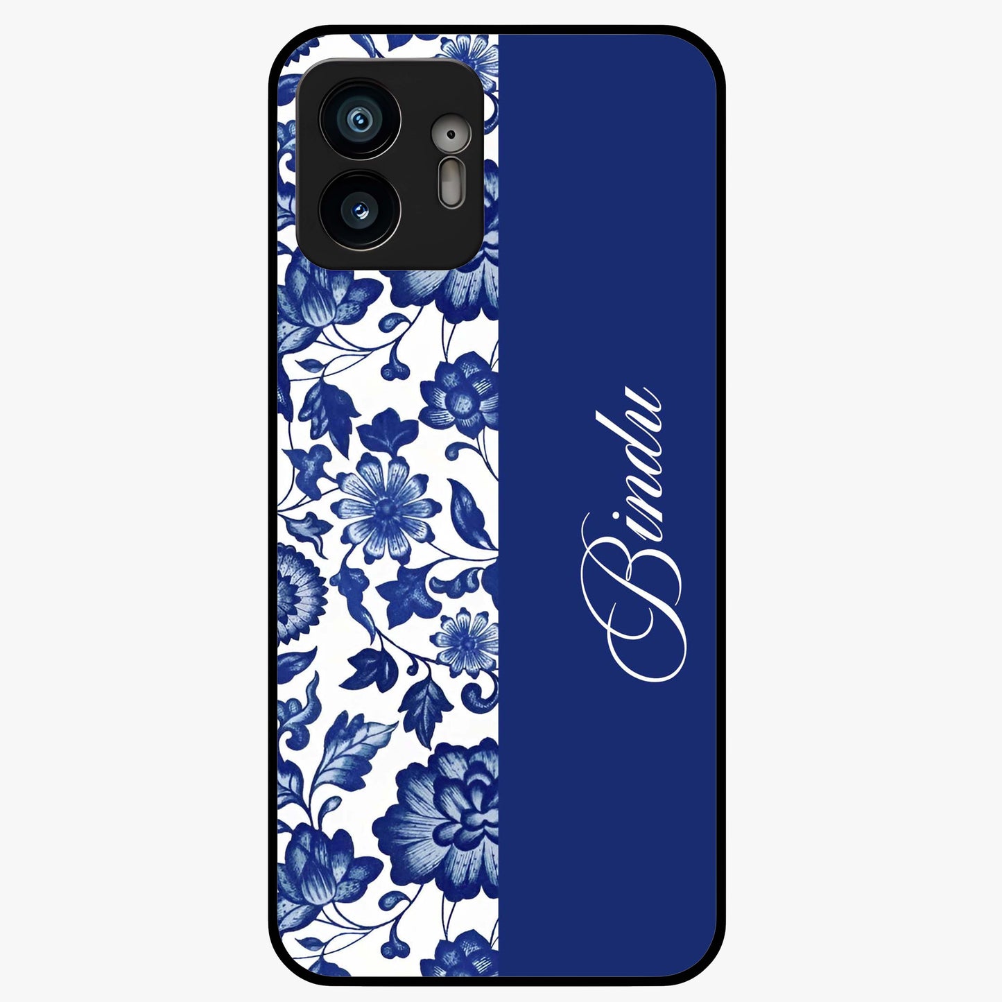 Blue Vintage Floral Pattern Glass Case upright view showcasing timeless floral illustration with vintage inspired style.