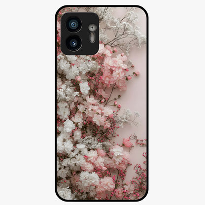 Blush Blossom Cloud Glass Case showing flat back view with dreamy blush cloud blossom artwork and glossy glass finish.