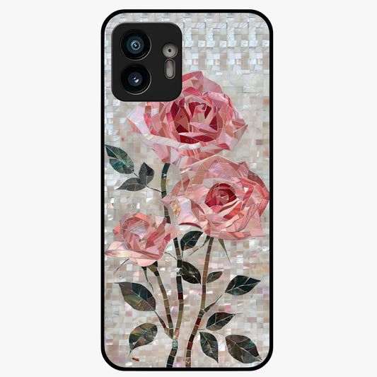 Blush Mosaic Bloom Glass Case showing flat back view with mosaic floral bloom artwork and glossy glass finish.
