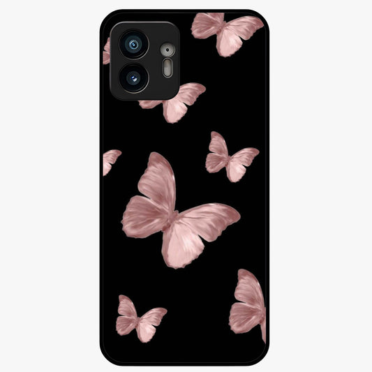 Butterfly Pattern Glass Case showing flat back view with elegant butterfly pattern artwork and glossy glass finish.