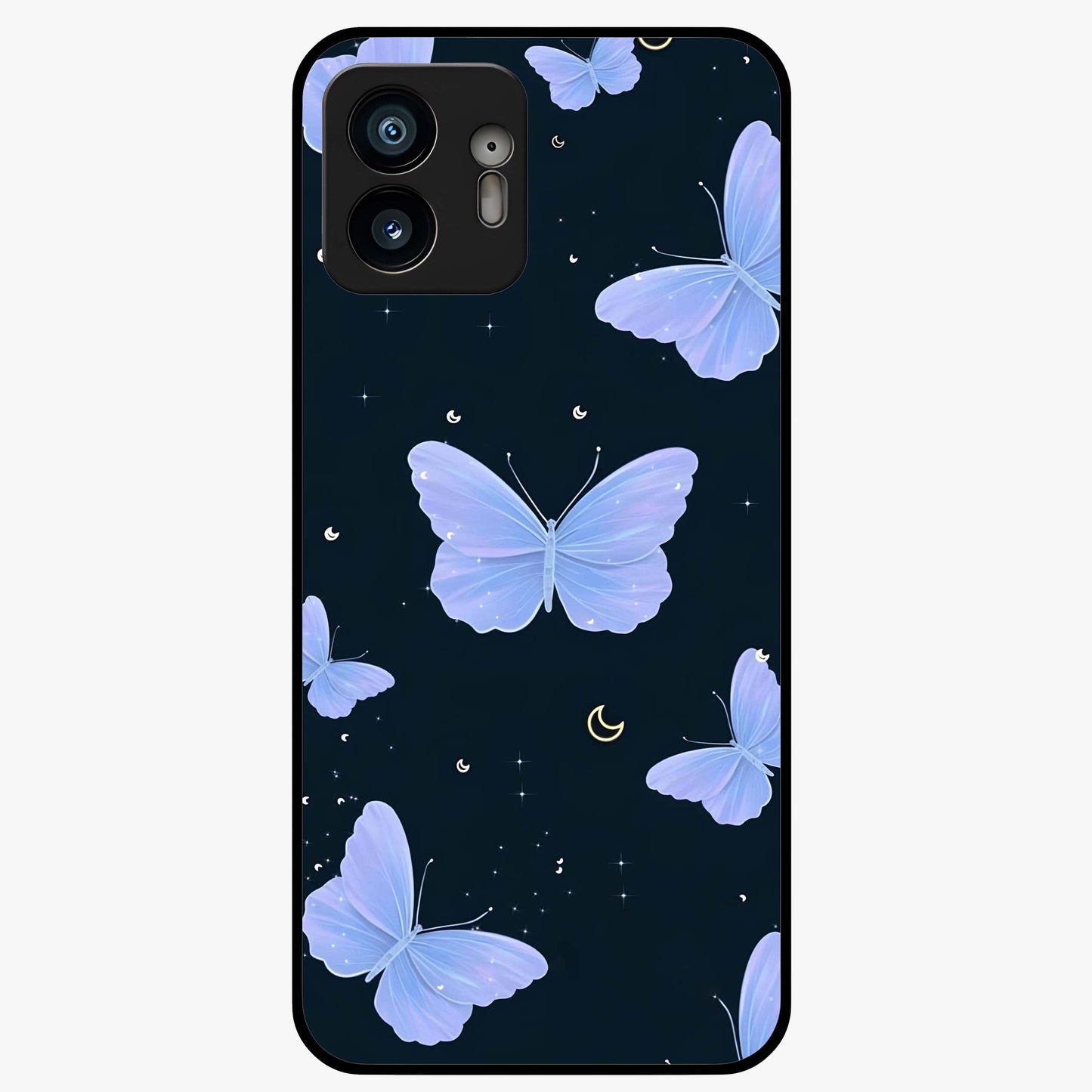 Butterfly With Stars Pattern Glass Case showing flat back view with butterfly and star pattern artwork and glossy glass finish.