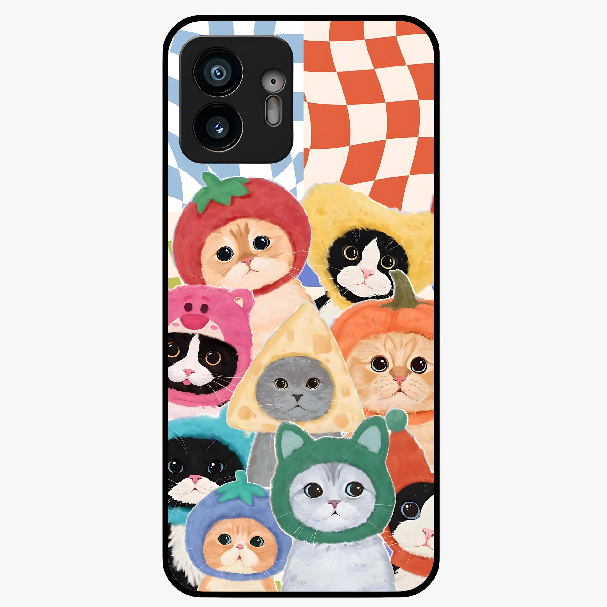 Cats in Fruits Glass Case showing flat back view with playful cat illustrations inside fruit artwork and glossy glass finish.