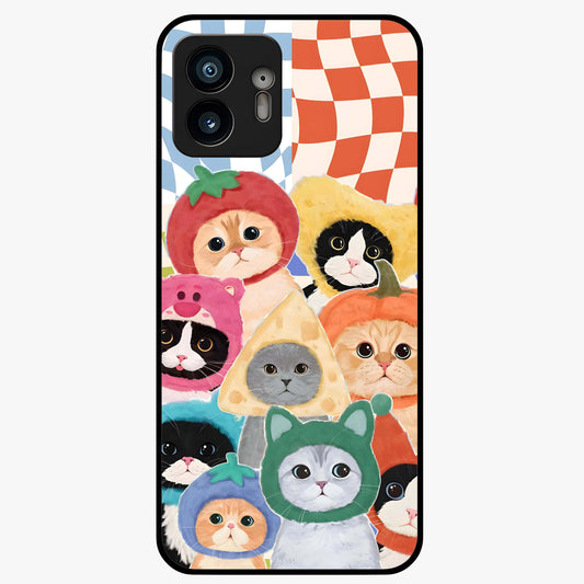 Cats in Fruits Glass Case showing flat back view with playful cat illustrations inside fruit artwork and glossy glass finish.