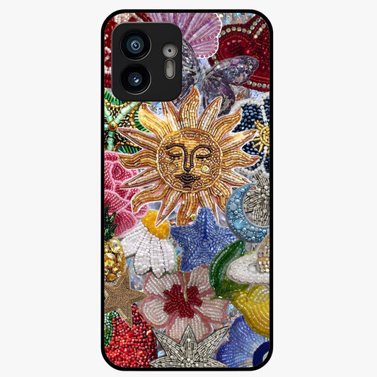 Celestial Floral and Playful Glass Case showing flat back view with floral and celestial themed artwork and glossy glass finish.