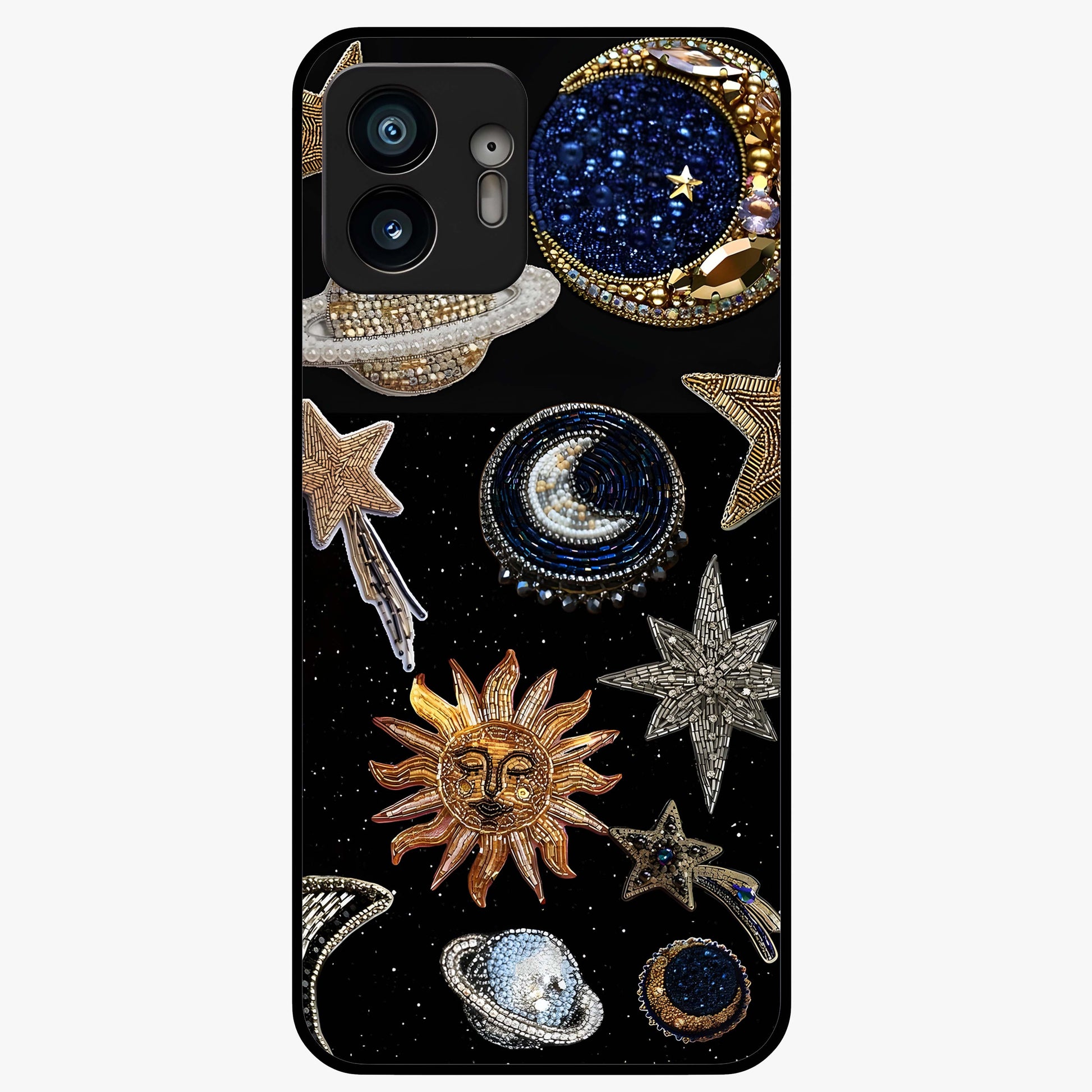 Celestial Gem Constellations Glass Case showing flat back view with sparkling constellation artwork and glossy glass finish.