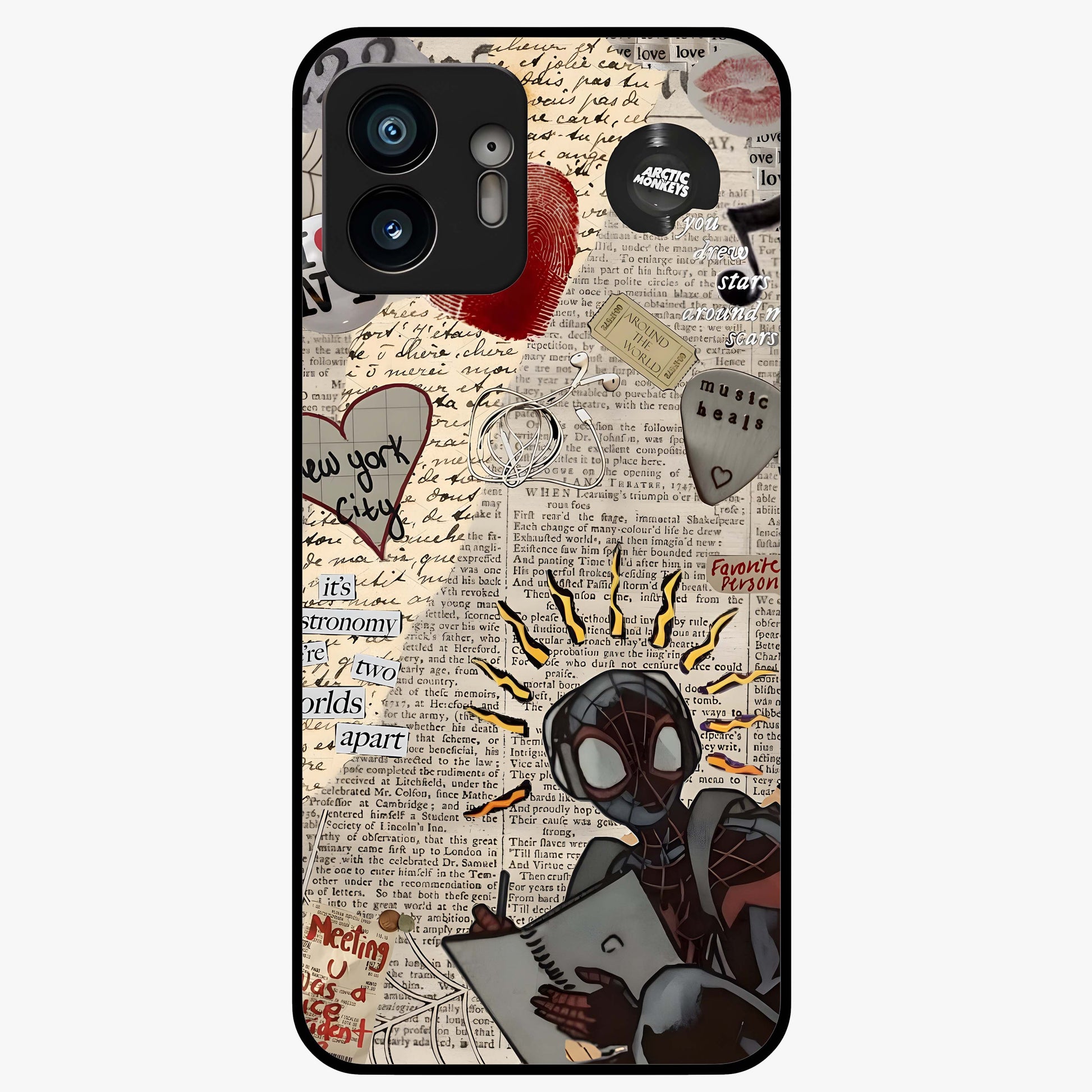 City Dream Sketch Glass Case showing flat back view with artistic city skyline sketch artwork and glossy glass finish.