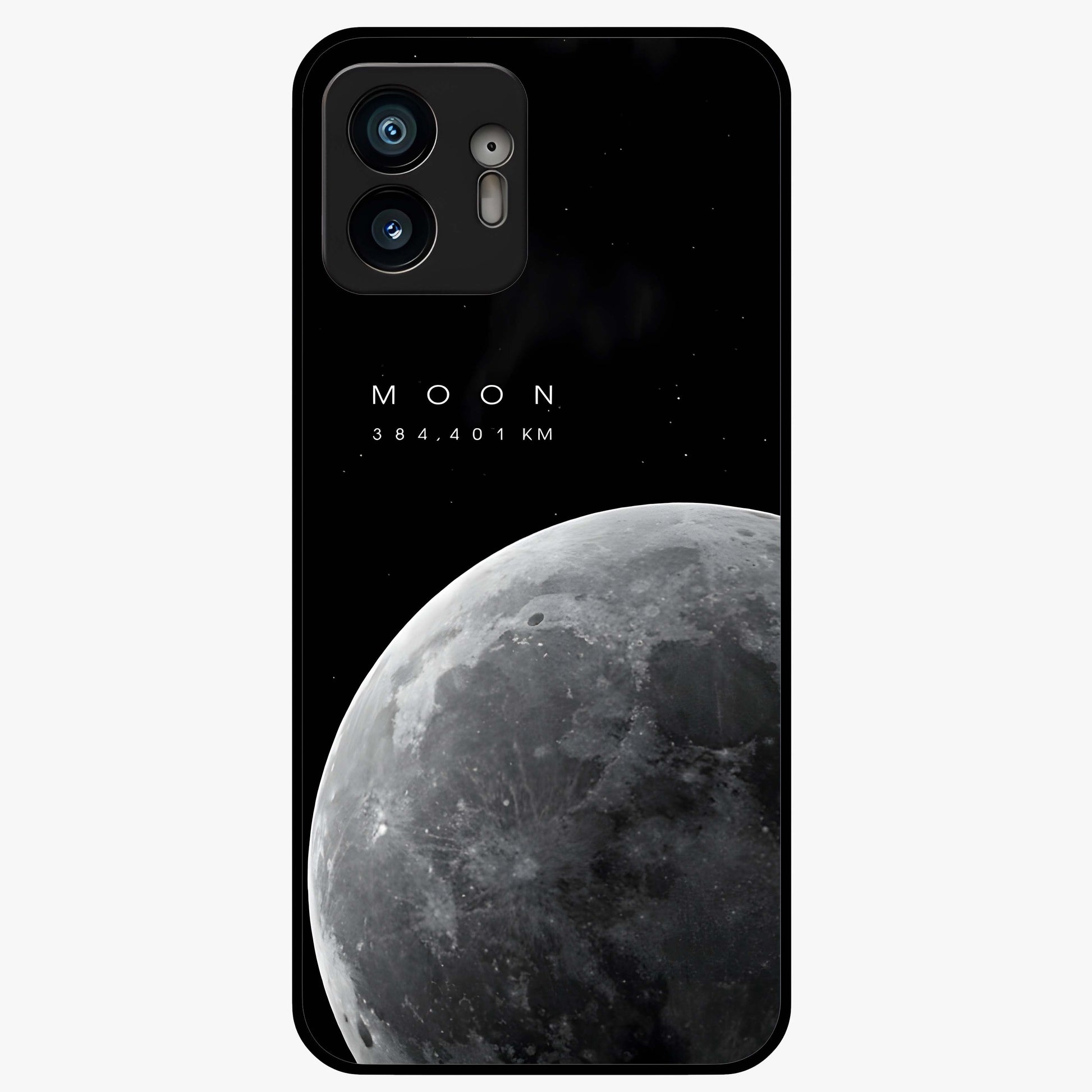 Cosmic Moon Glow Glass Case showing flat back view with glowing moon artwork and glossy glass finish.