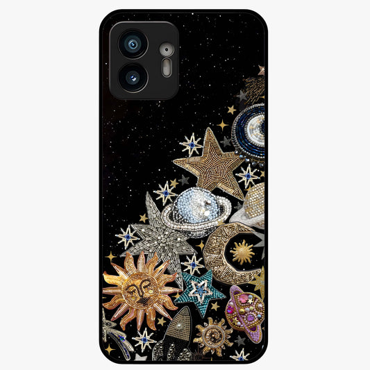 Cosmic Sparkle Dreams Glass Case showing flat back view with sparkling cosmic artwork and glossy glass finish.