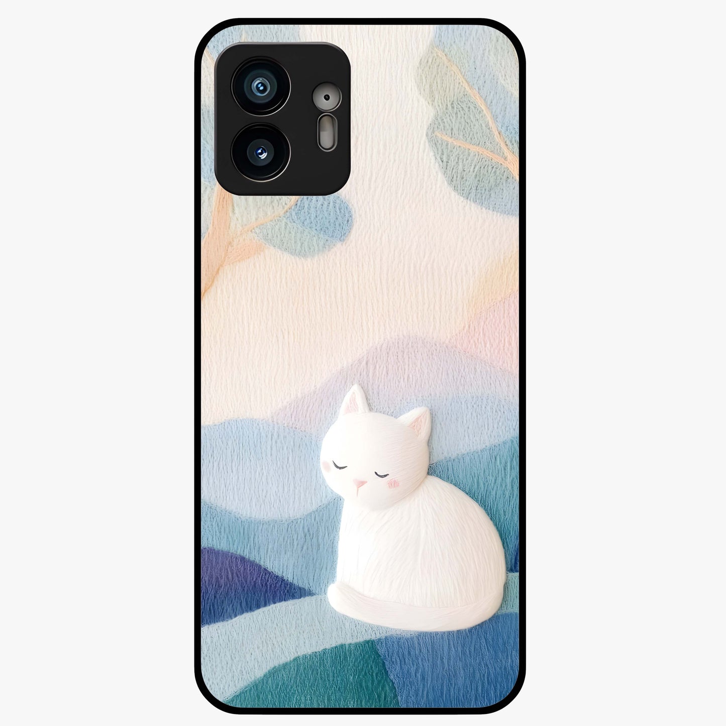 Cotton Dream Cat Glass Case showing flat back view with soft dreamy cat artwork and glossy glass finish.