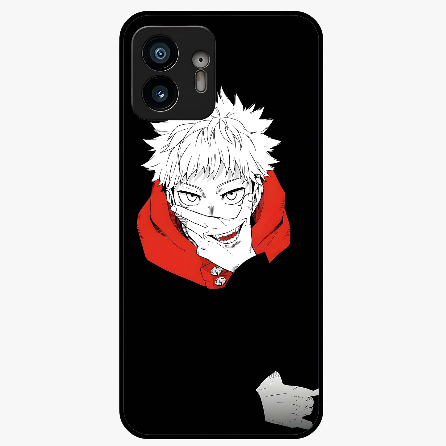 Crimson Chaos Smile Glass Case showing flat back view with bold chaotic smile artwork and glossy glass finish.