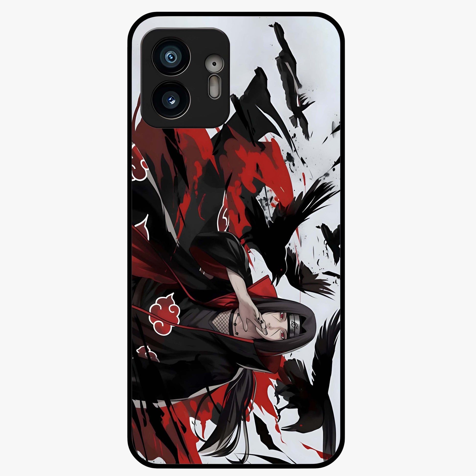 Crimson Crow Illusion Glass Case showing flat back view with artistic crow illusion artwork and glossy glass finish.
