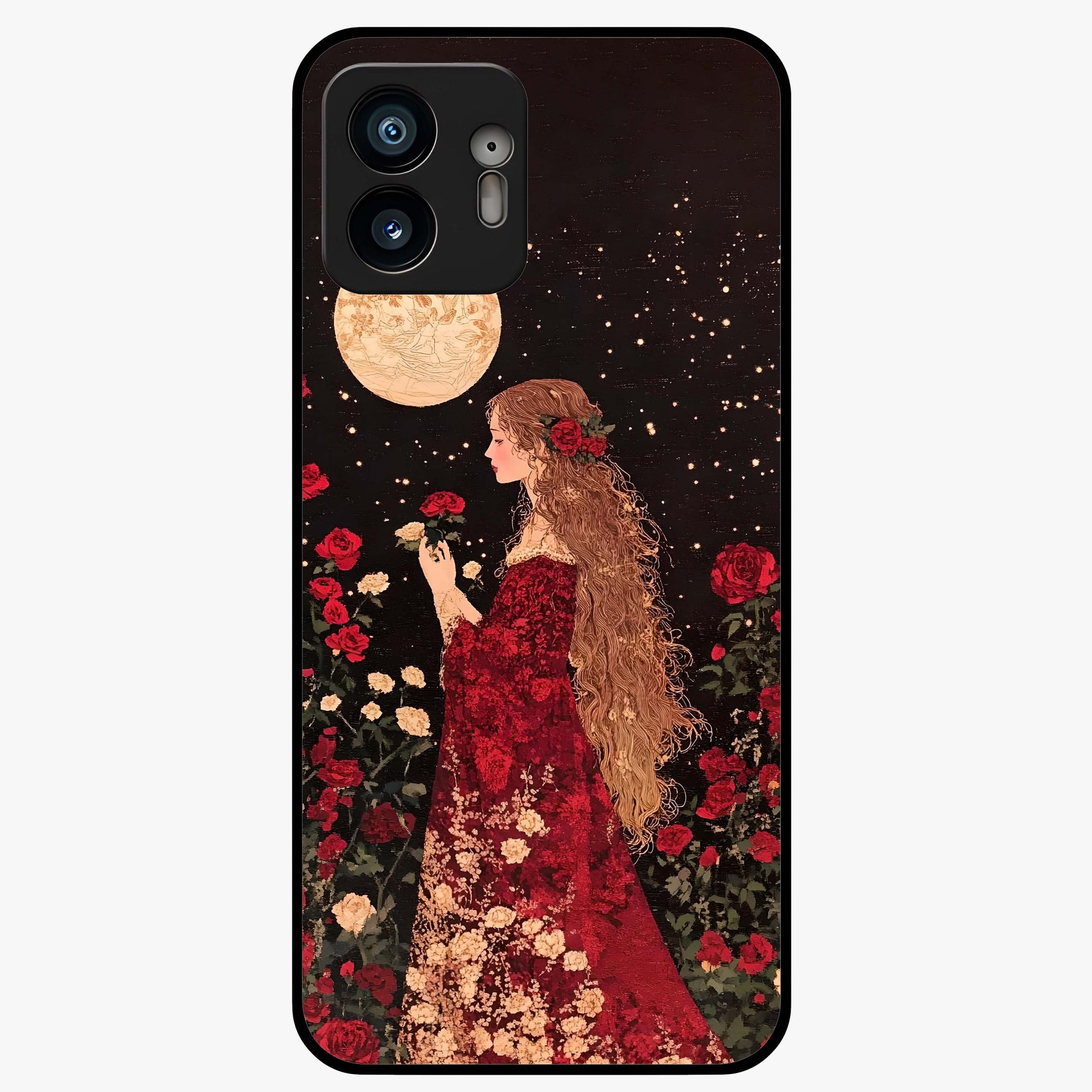 Crimson Dreams Glass Case showing flat back view with dreamy crimson artwork and glossy glass finish.