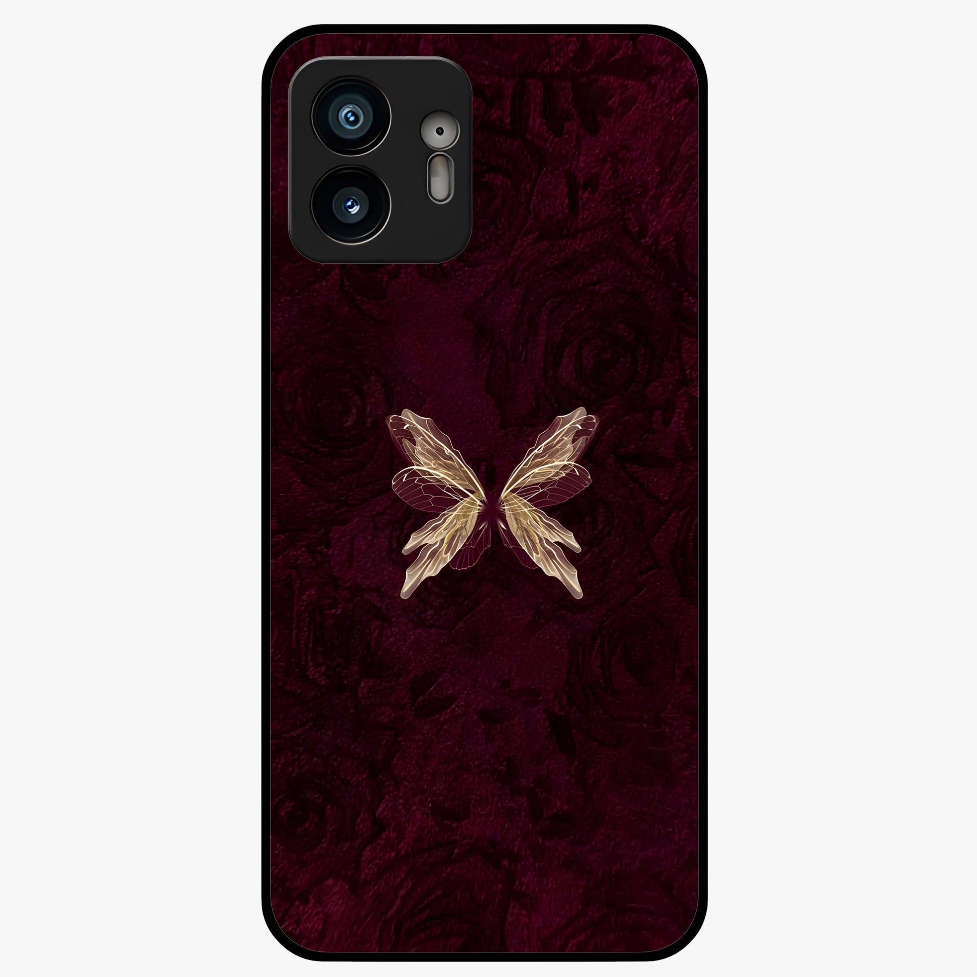 Crimson Fade Butterfly Glass Case showing flat back view with fading butterfly artwork and glossy glass finish.