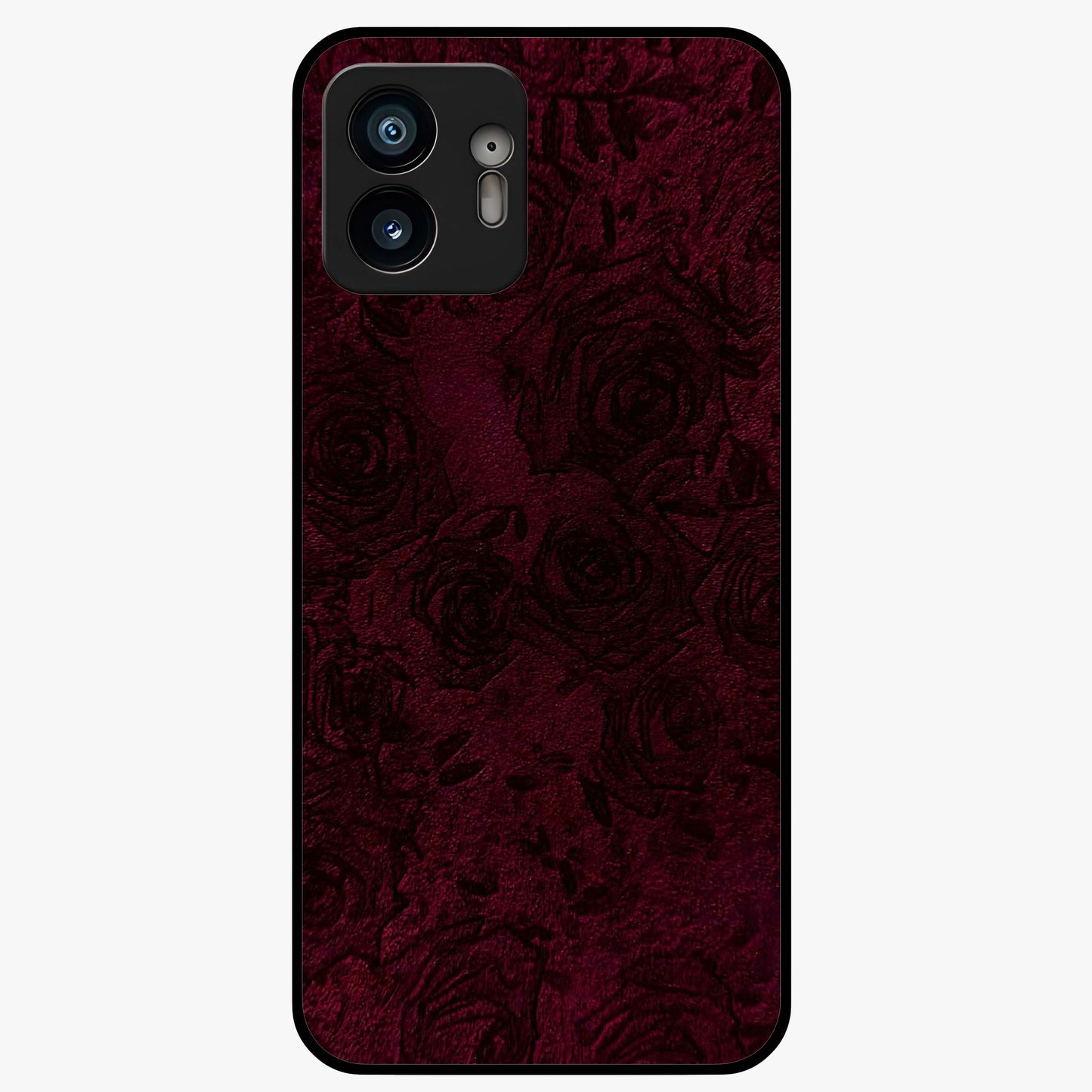 Crimson Fade Flow Glass Case showing flat back view with flowing crimson gradient artwork and glossy glass finish.