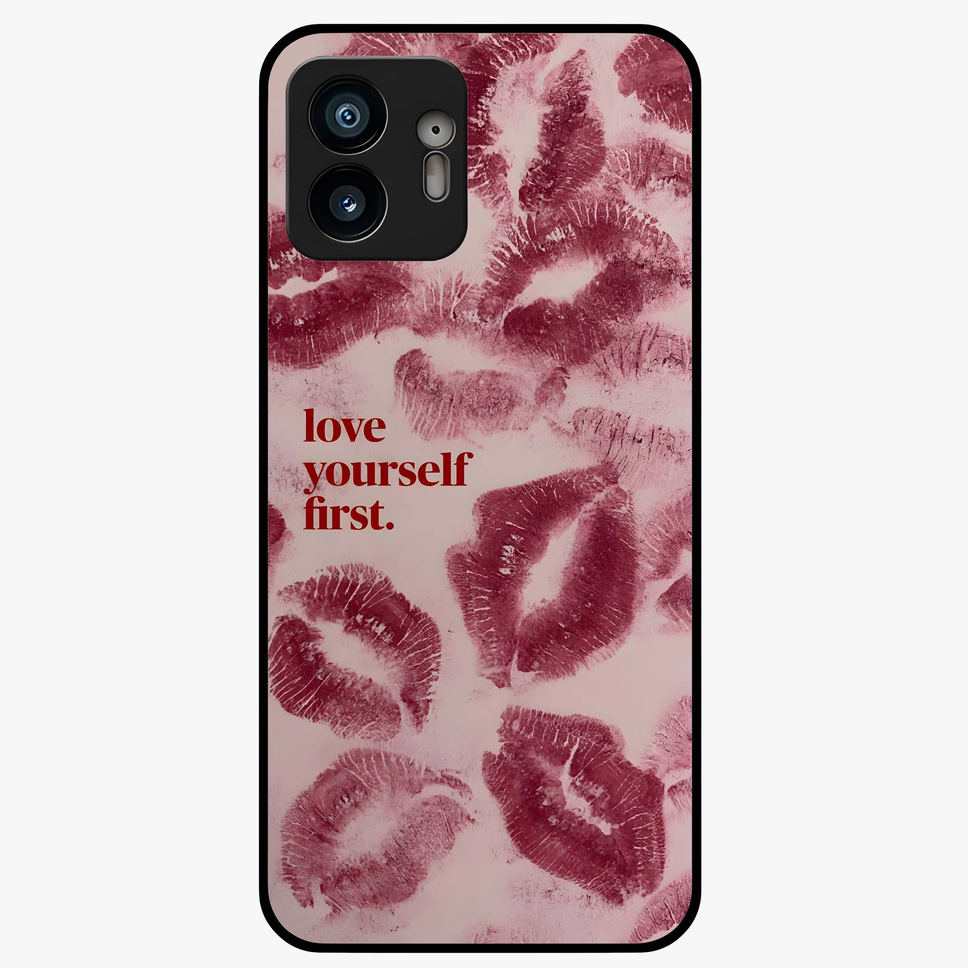 Crimson Kiss Love Glass Case showing flat back view with romantic crimson themed artwork and glossy glass finish.