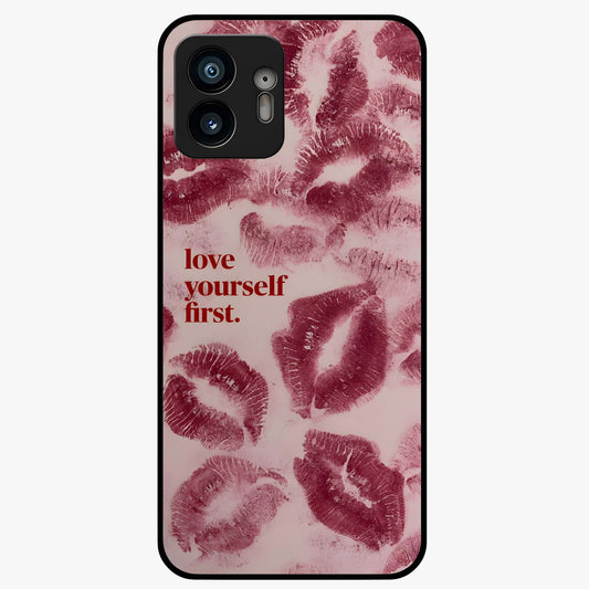 Crimson Kiss Love Glass Case showing flat back view with romantic crimson themed artwork and glossy glass finish.