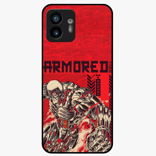 Crimson Mecha Titan Glass Case showing flat back view with powerful mech titan artwork and glossy glass finish.