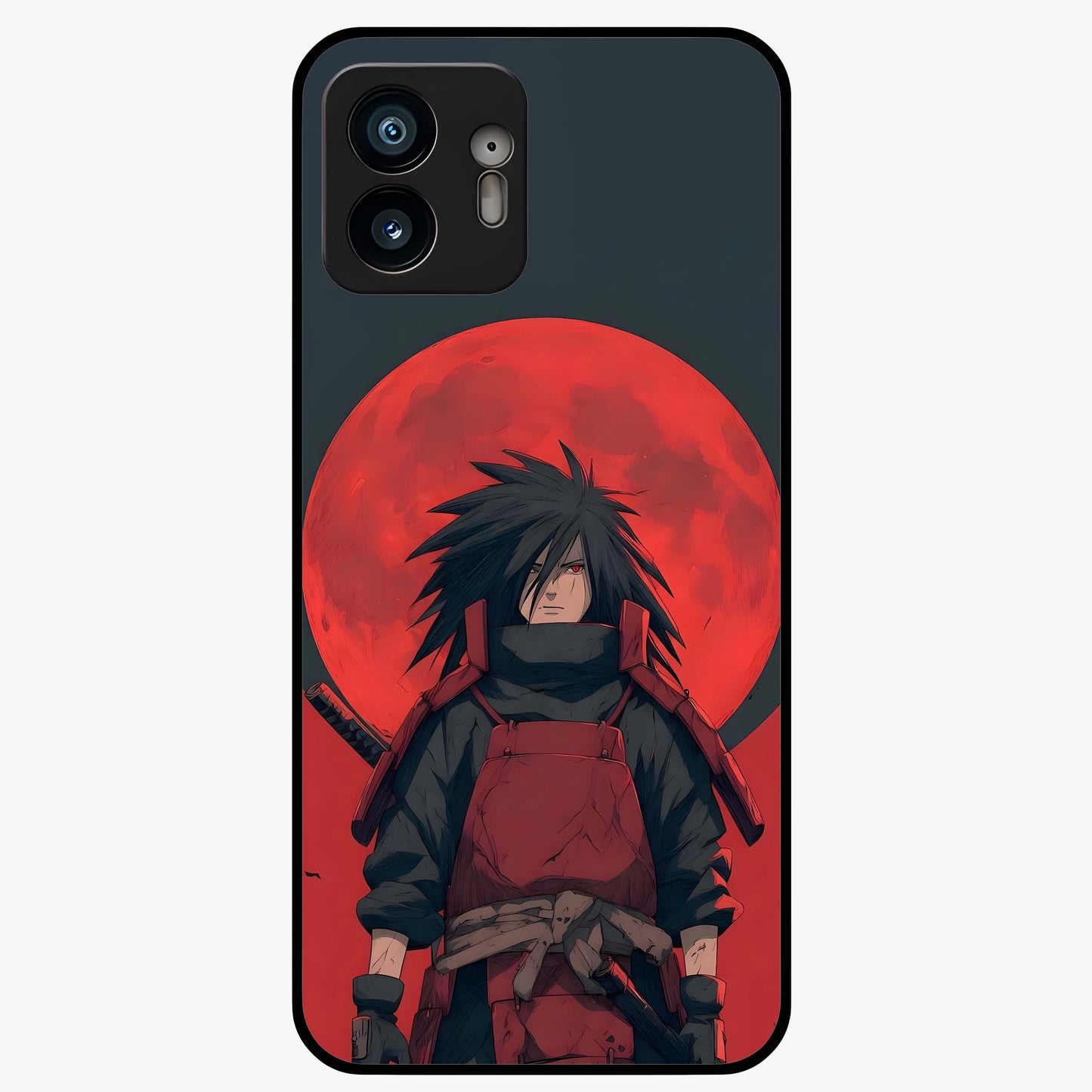 Crimson Moon Warlord Glass Case showing flat back view with mystical moon warrior artwork and glossy glass finish.